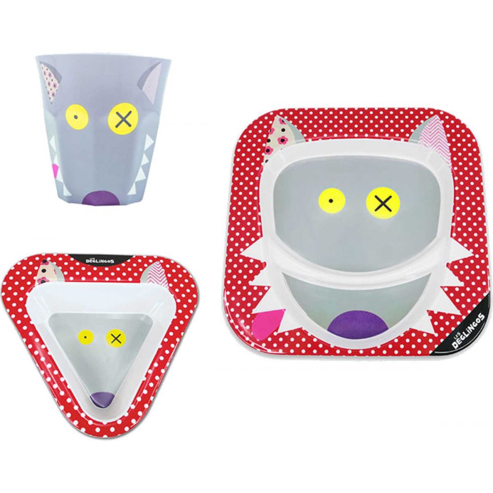 Deglingos Jídelní set vlk BIGBOS šedo červený 3ks